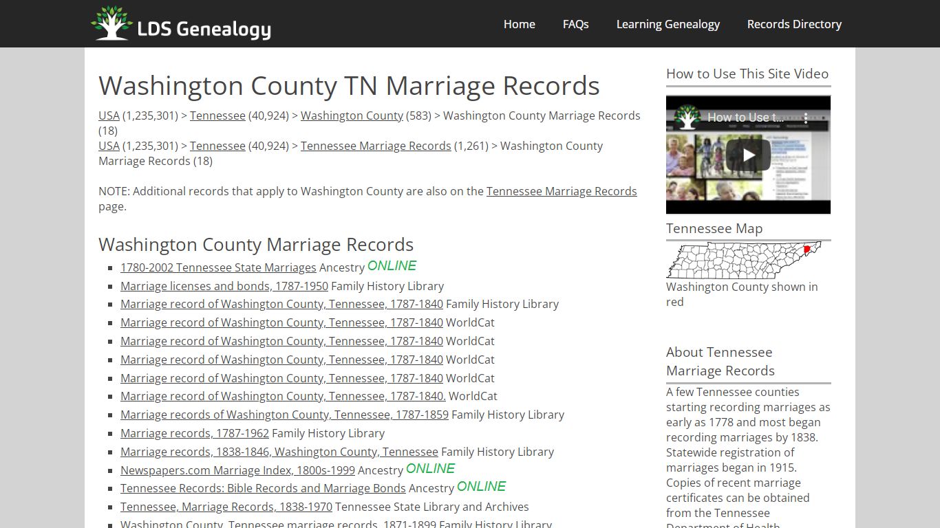 Washington County TN Marriage Records - LDS Genealogy