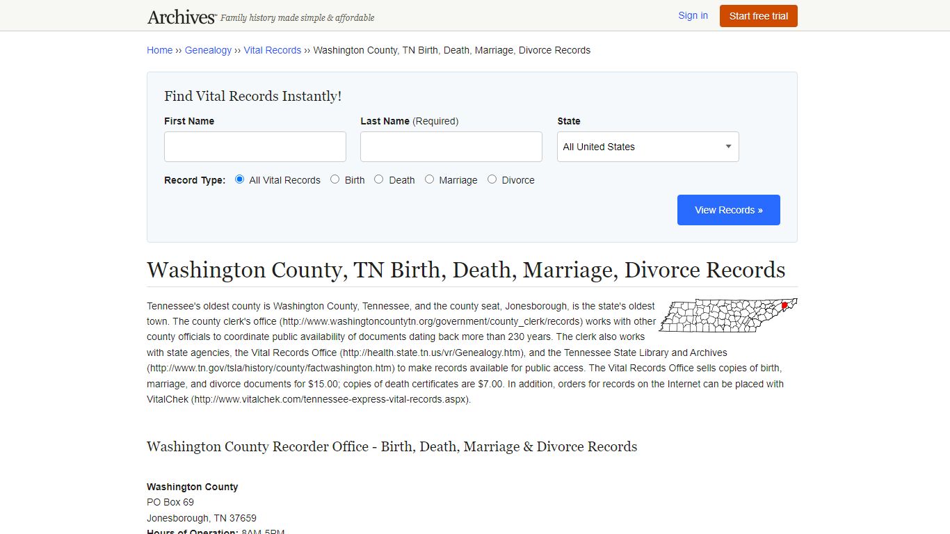 Washington County, TN Birth, Death, Marriage, Divorce Records